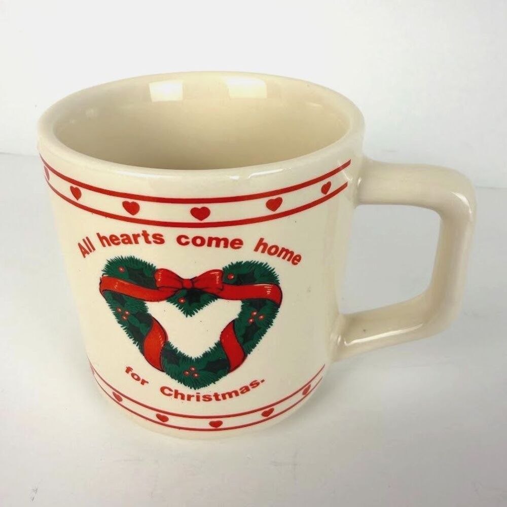 Vintage 1989 Christmas Mug Heart Wreath, All Hearts Come Home For Christmas